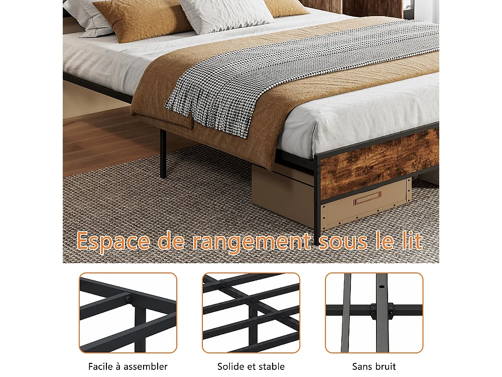 Cadre de lit en métal 140 x 200 cm - Lit rembourré avec tête de rangement et LED et USB & Type-C - Lit double avec cadre à lames - linge - gris
