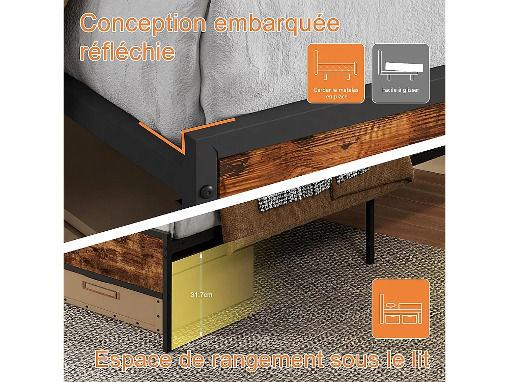 Cadre de lit en métal 140 x 200 cm - Lit rembourré avec tête de rangement et LED et USB & Type-C - Lit double avec cadre à lames - linge - gris