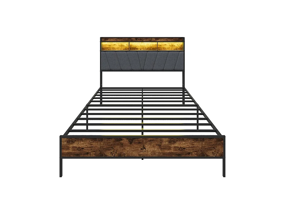 Cadre de lit en métal 140 x 200 cm - Lit rembourré avec tête de rangement et LED et USB & Type-C - Lit double avec cadre à lames - linge - gris