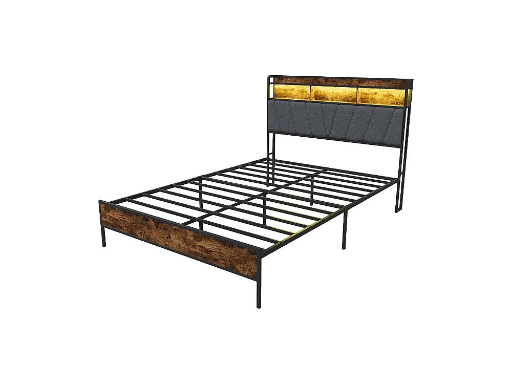 Cadre de lit en métal 140 x 200 cm - Lit rembourré avec tête de rangement et LED et USB & Type-C - Lit double avec cadre à lames - linge - gris