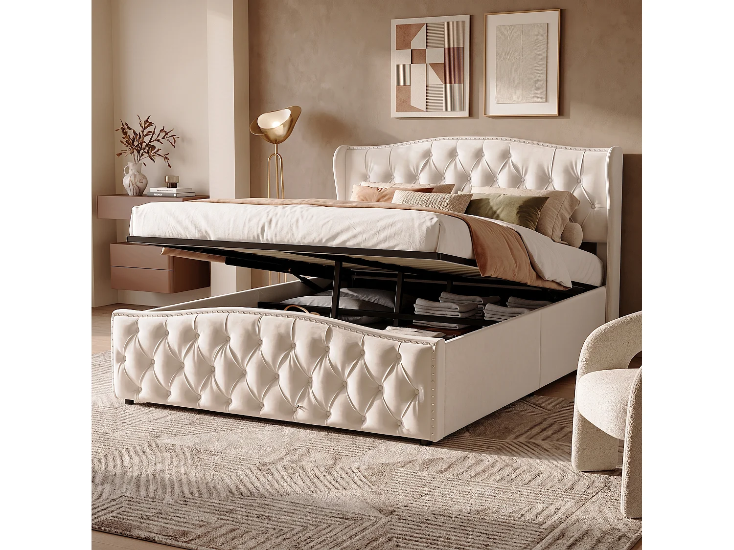 Lit Double Coffre 140 x 200 cm - Rangement Hydraulique - Matelas Rembourré avec Décoration Rivetée - Sommier à Lattes - Velours Beige - Montage Facile