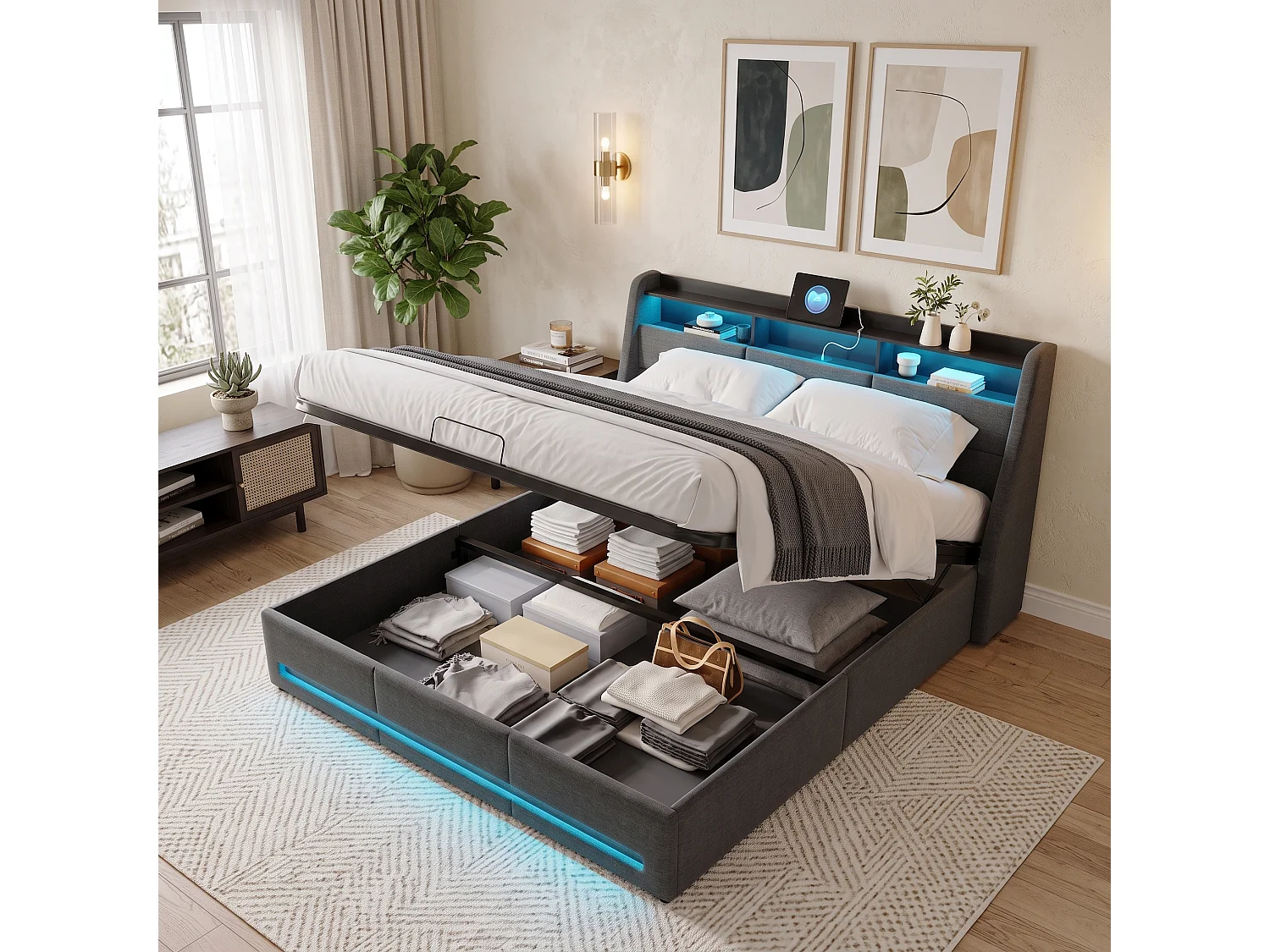 Lit Double Coffre 140x200 cm avec barre Barométrique,  Tête de Lit avec Cloisons de Rangement, éclairage LED, USB/C, Sommier à Lattes,Lit Adolescents, Lin， Gris