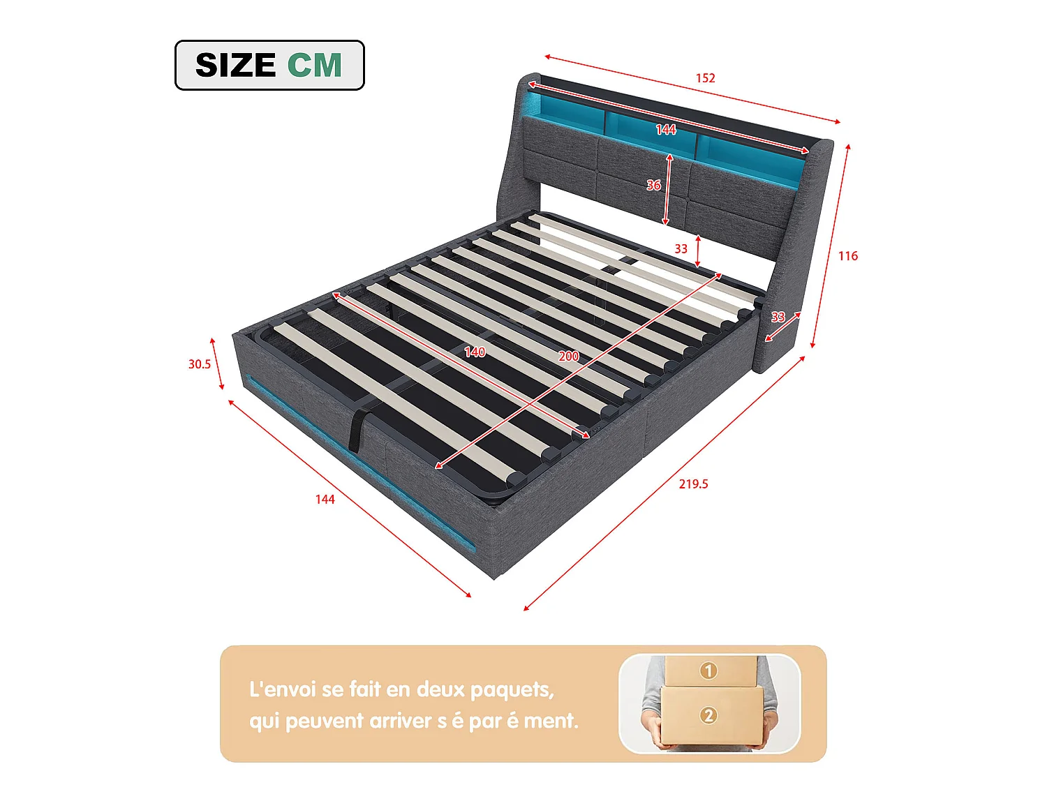 Lit Double Coffre 140x200 cm avec barre Barométrique,  Tête de Lit avec Cloisons de Rangement, éclairage LED, USB/C, Sommier à Lattes,Lit Adolescents, Lin， Gris