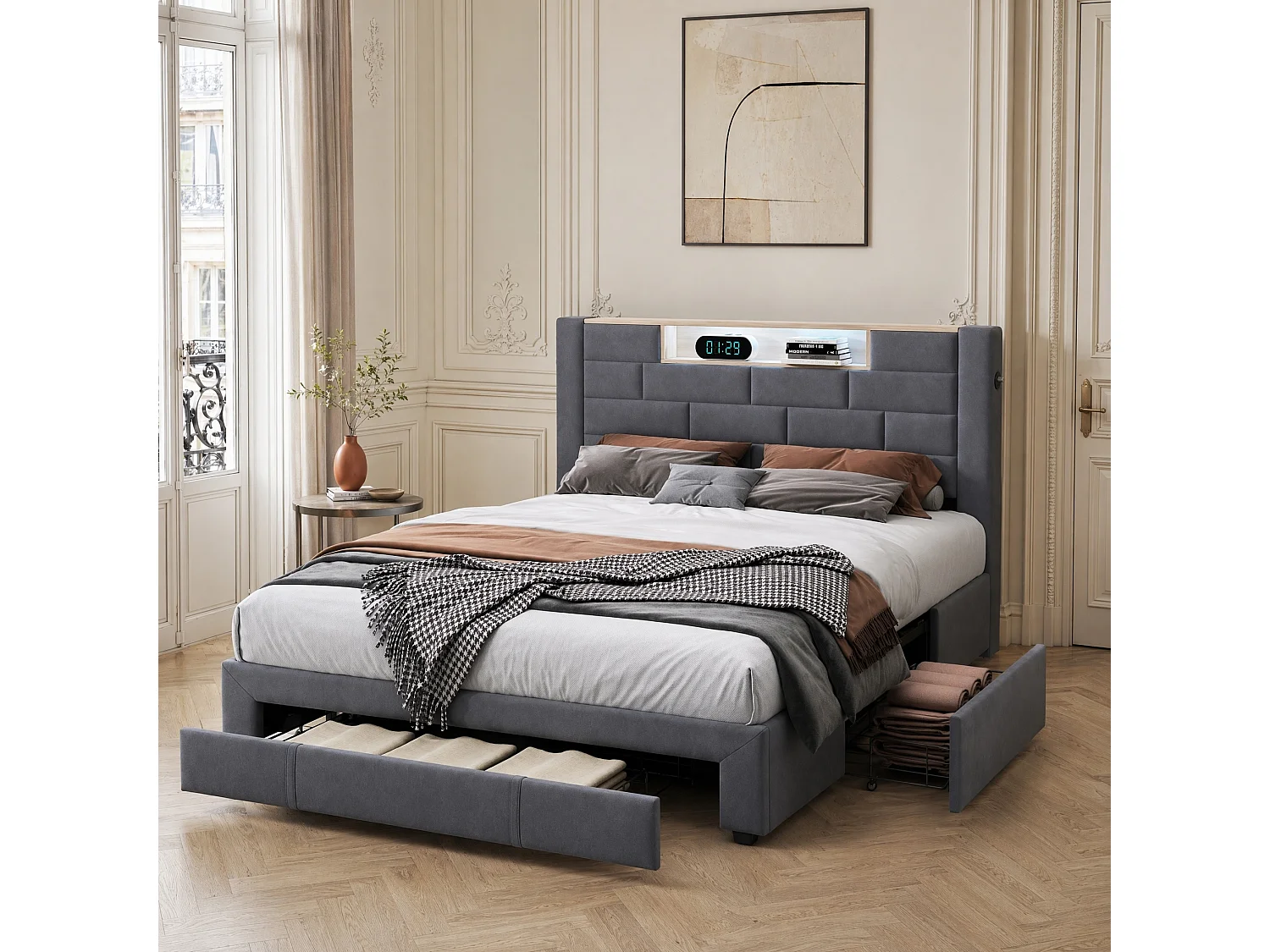 Lit Double Capitonné 160x200 cm, Lit Adulte avec 3 Tiroirst, Tête de Lit Ouverte avec éclairage LED, Ports USB et Type-C, Velours, Gris