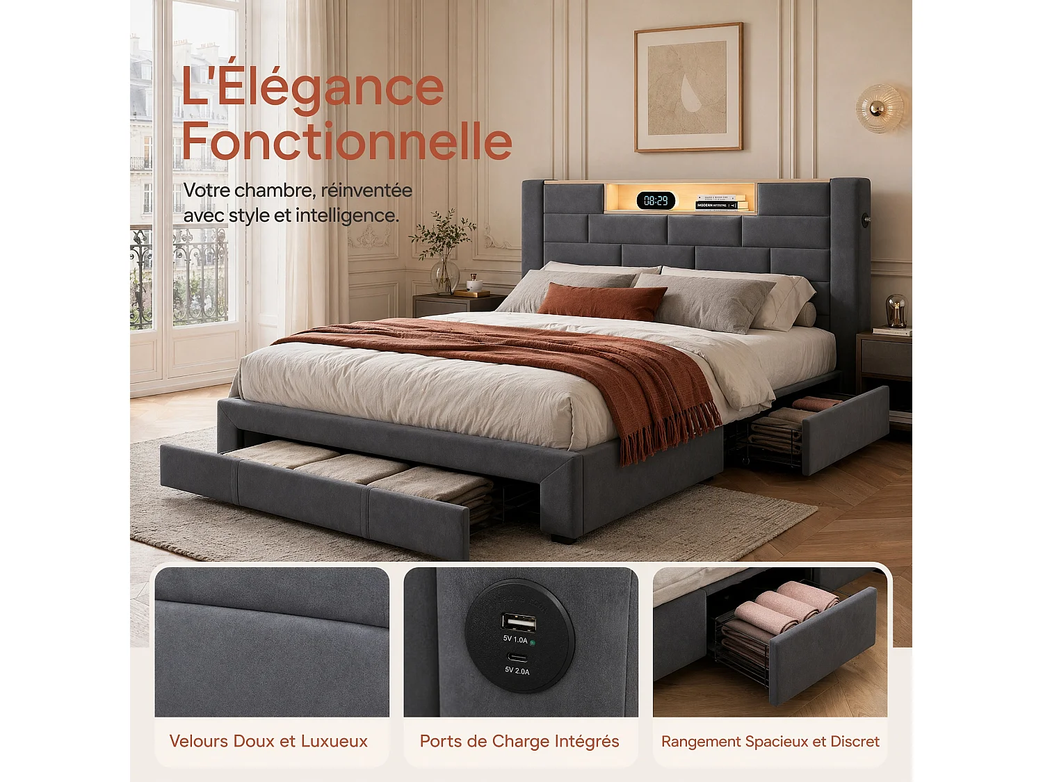 Lit Double Capitonné 160x200 cm, Lit Adulte avec 3 Tiroirst, Tête de Lit Ouverte avec éclairage LED, Ports USB et Type-C, Velours, Gris