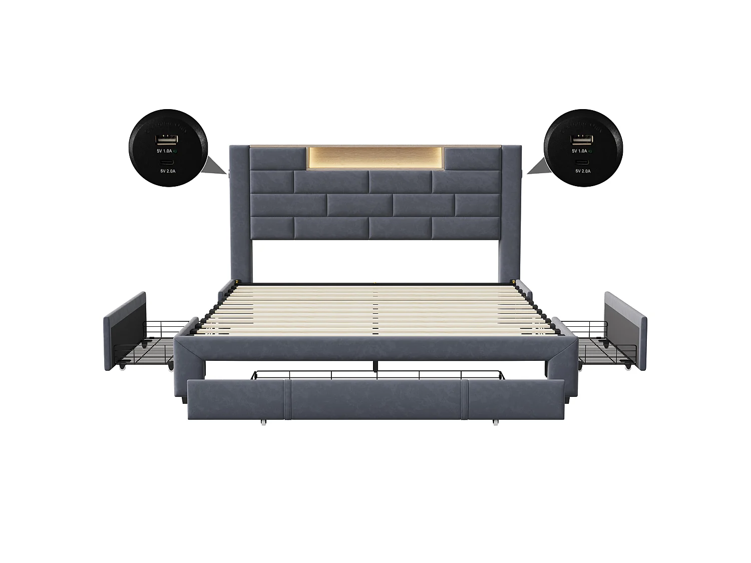 Lit Double Capitonné 160x200 cm, Lit Adulte avec 3 Tiroirst, Tête de Lit Ouverte avec éclairage LED, Ports USB et Type-C, Velours, Gris