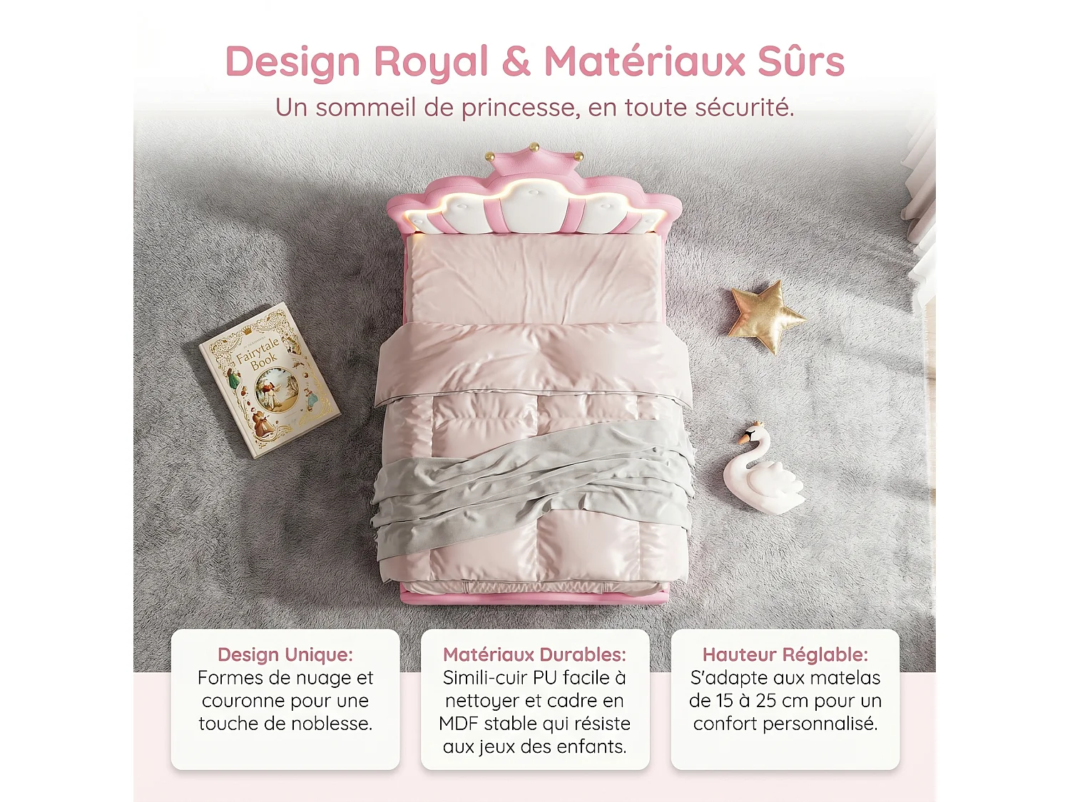 Lit Simple Rembourré 90x200 cm, Lit Enfant avec Lumière LED télécommandée, Tête de Lit Réglable, Lit Crown Princess pour Fille, Sommier à Lattes, Matériau PU,Rose
