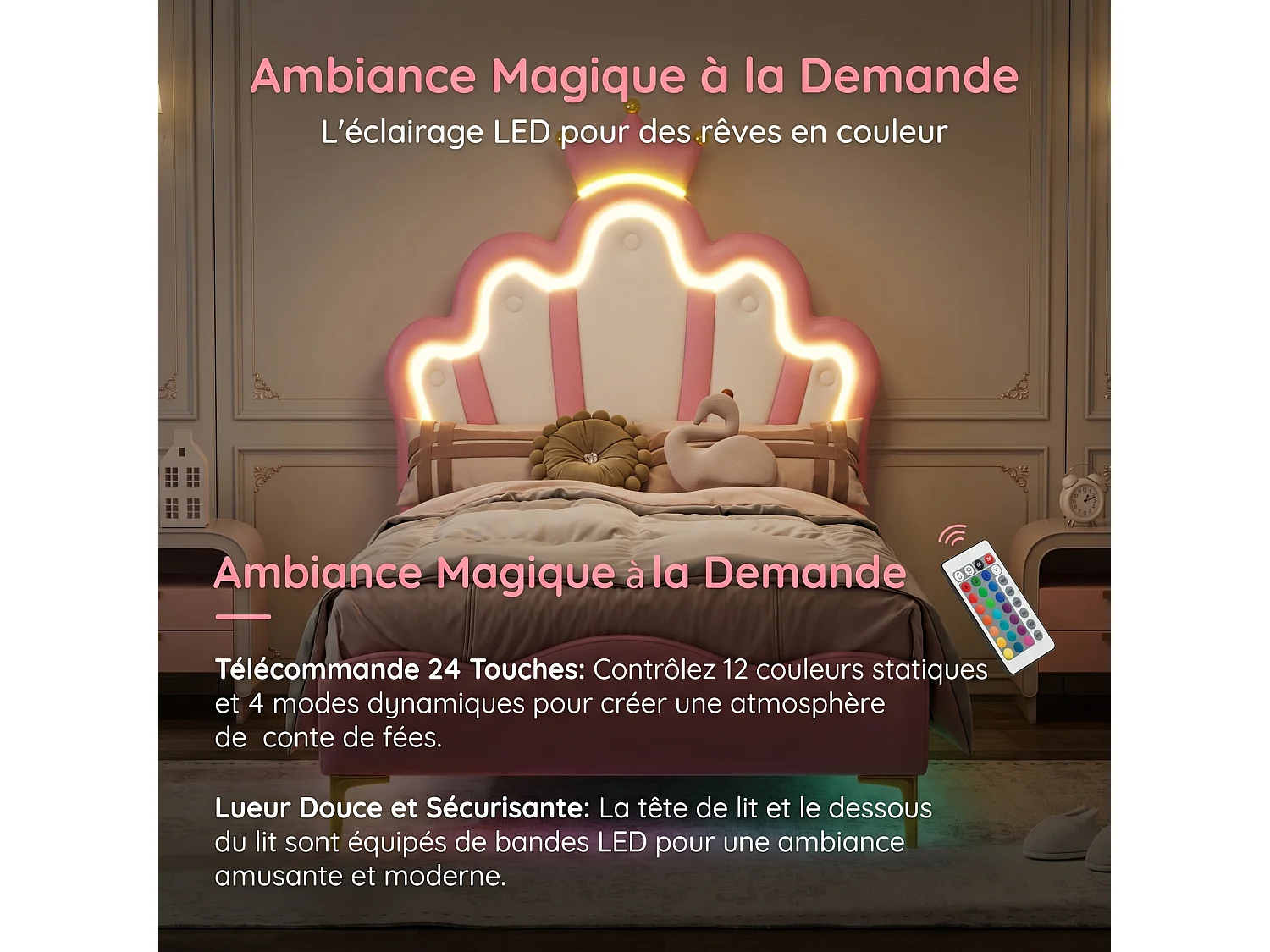 Lit Simple Rembourré 90x200 cm, Lit Enfant avec Lumière LED télécommandée, Tête de Lit Réglable, Lit Crown Princess pour Fille, Sommier à Lattes, Matériau PU,Rose