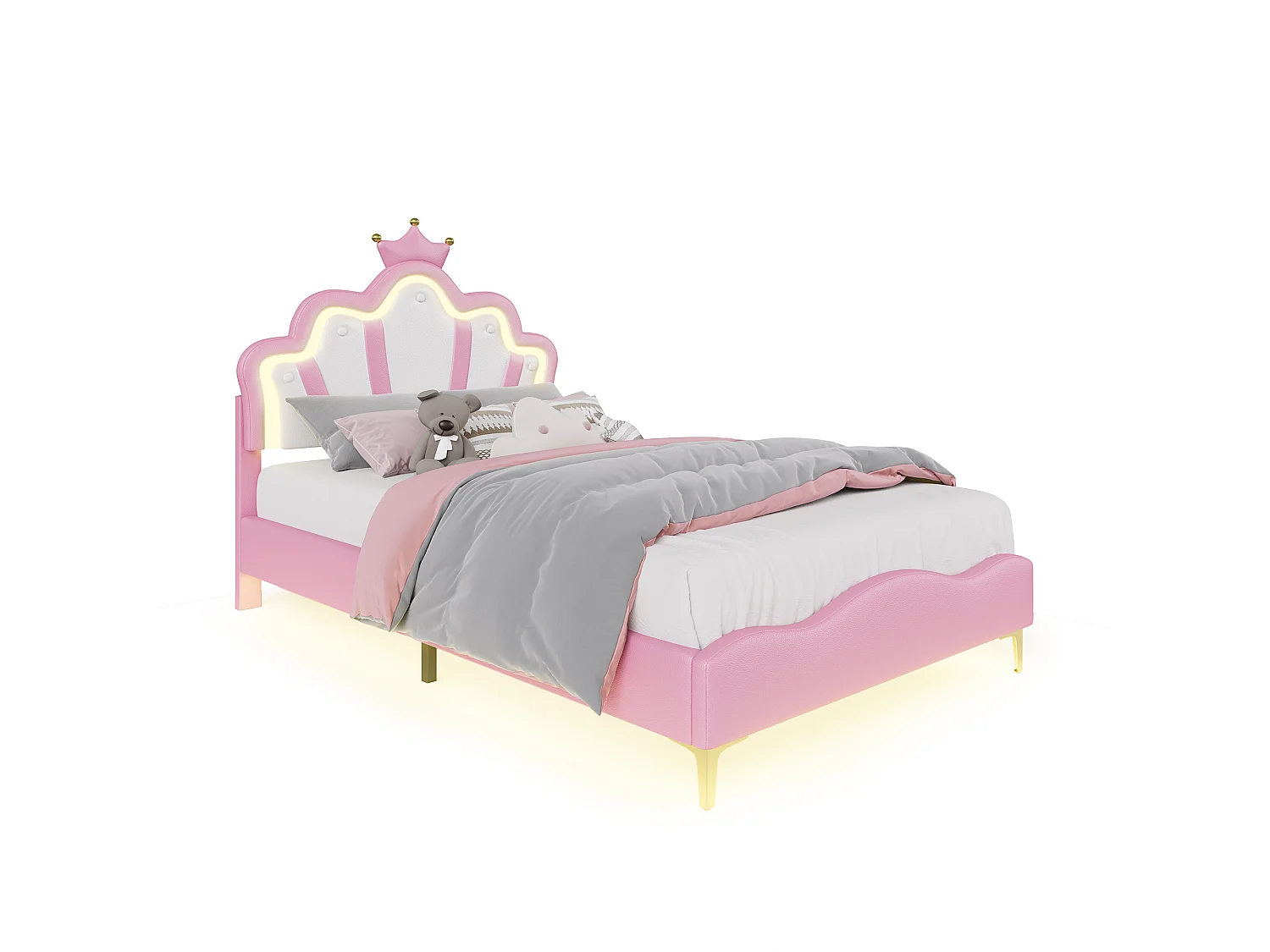 Lit Simple Rembourré 90x200 cm, Lit Enfant avec Lumière LED télécommandée, Tête de Lit Réglable, Lit Crown Princess pour Fille, Sommier à Lattes, Matériau PU,Rose