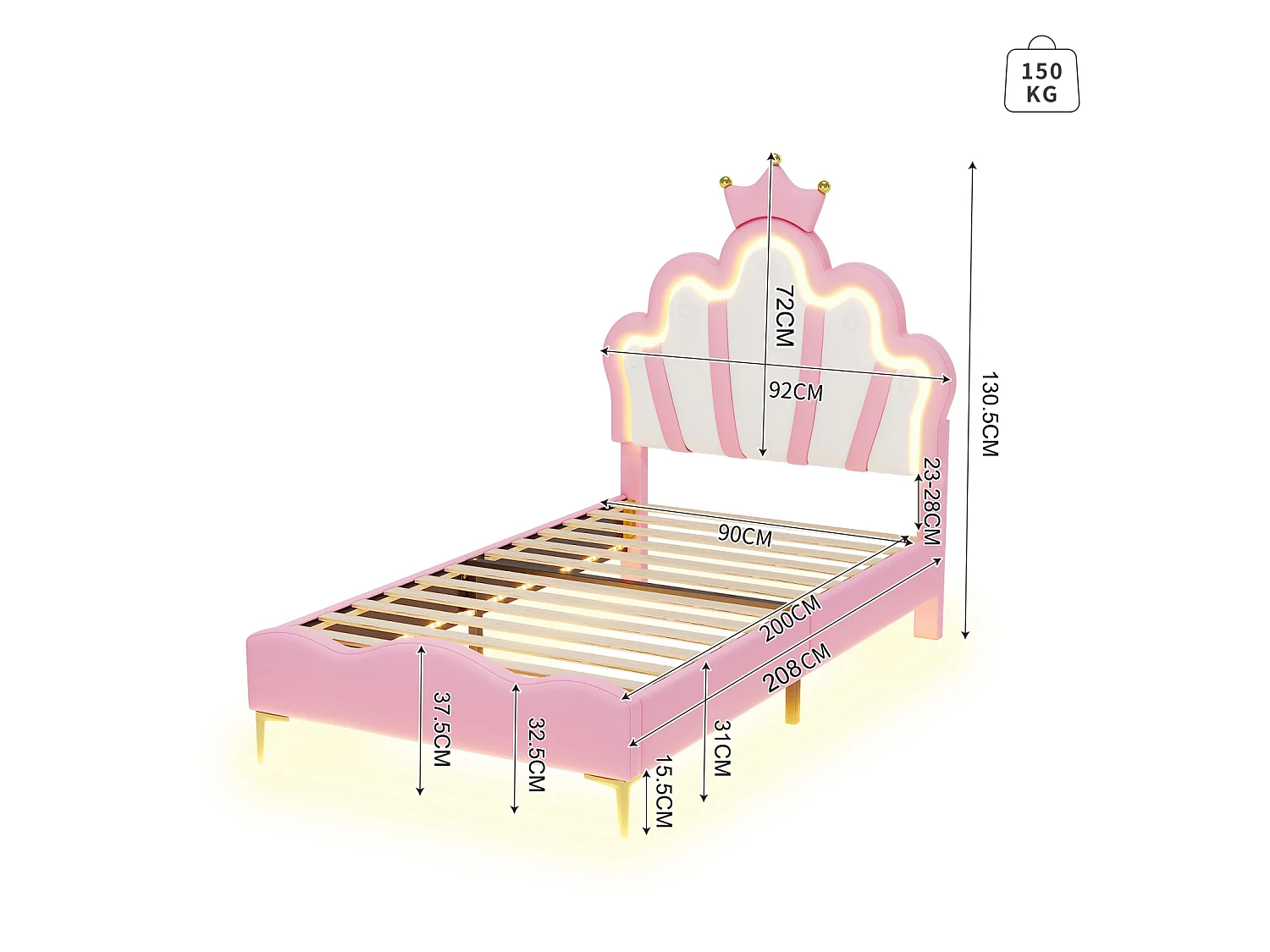 Lit Simple Rembourré 90x200 cm, Lit Enfant avec Lumière LED télécommandée, Tête de Lit Réglable, Lit Crown Princess pour Fille, Sommier à Lattes, Matériau PU,Rose