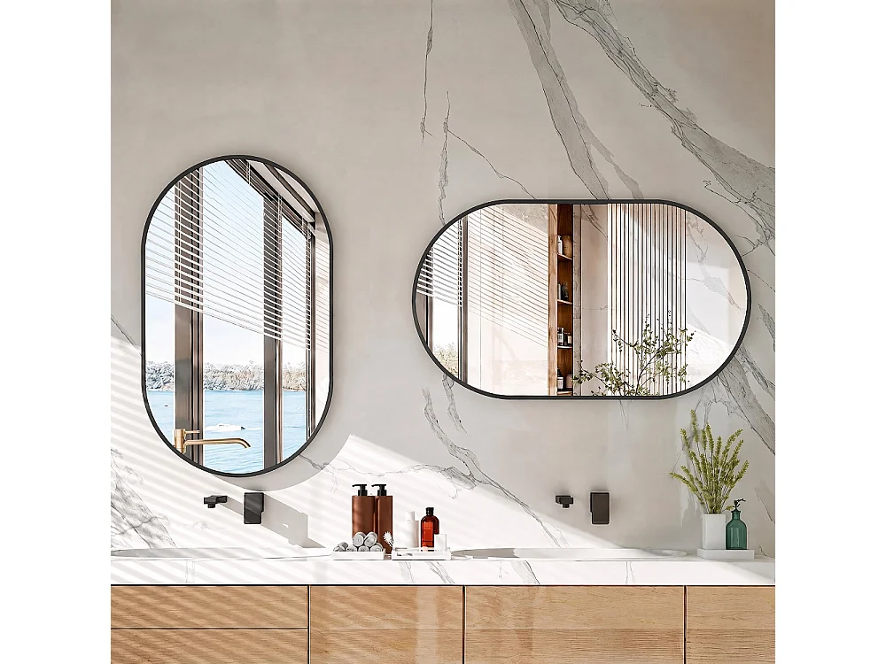 Miroir mural ovale 50 × 75 cm - Miroir de salle de bain en forme de capsule - Miroir décoratif monté sur mur en alliage d'aluminium - Noir