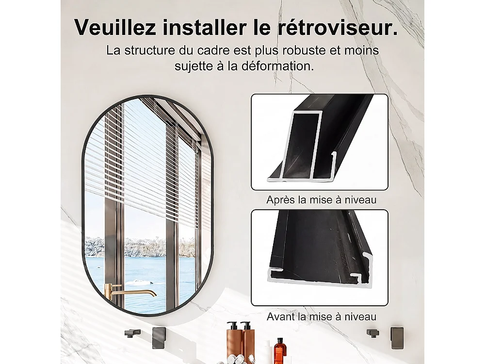 Miroir mural ovale 50 × 75 cm - Miroir de salle de bain en forme de capsule - Miroir décoratif monté sur mur en alliage d'aluminium - Noir