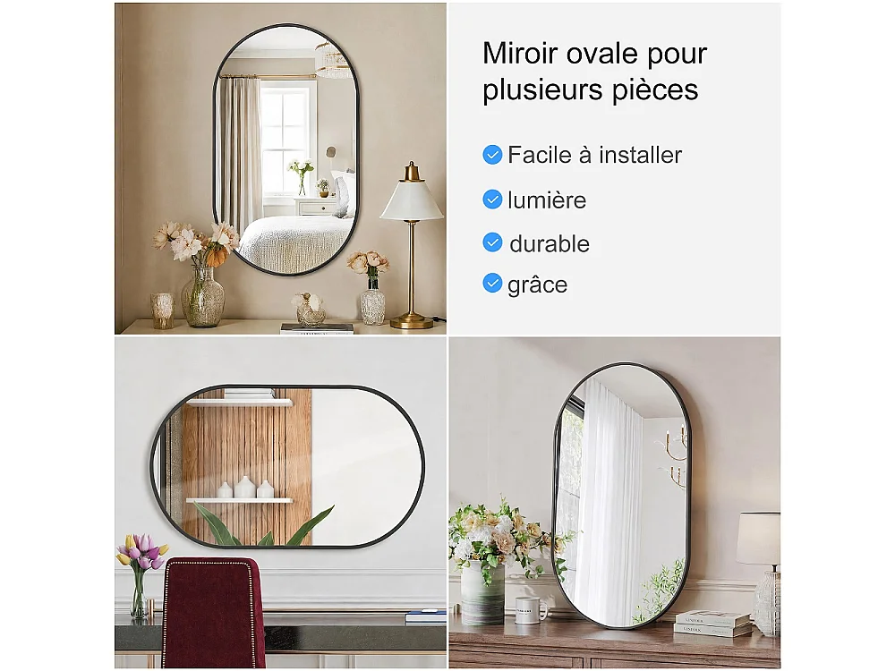 Miroir mural ovale 50 × 75 cm - Miroir de salle de bain en forme de capsule - Miroir décoratif monté sur mur en alliage d'aluminium - Noir