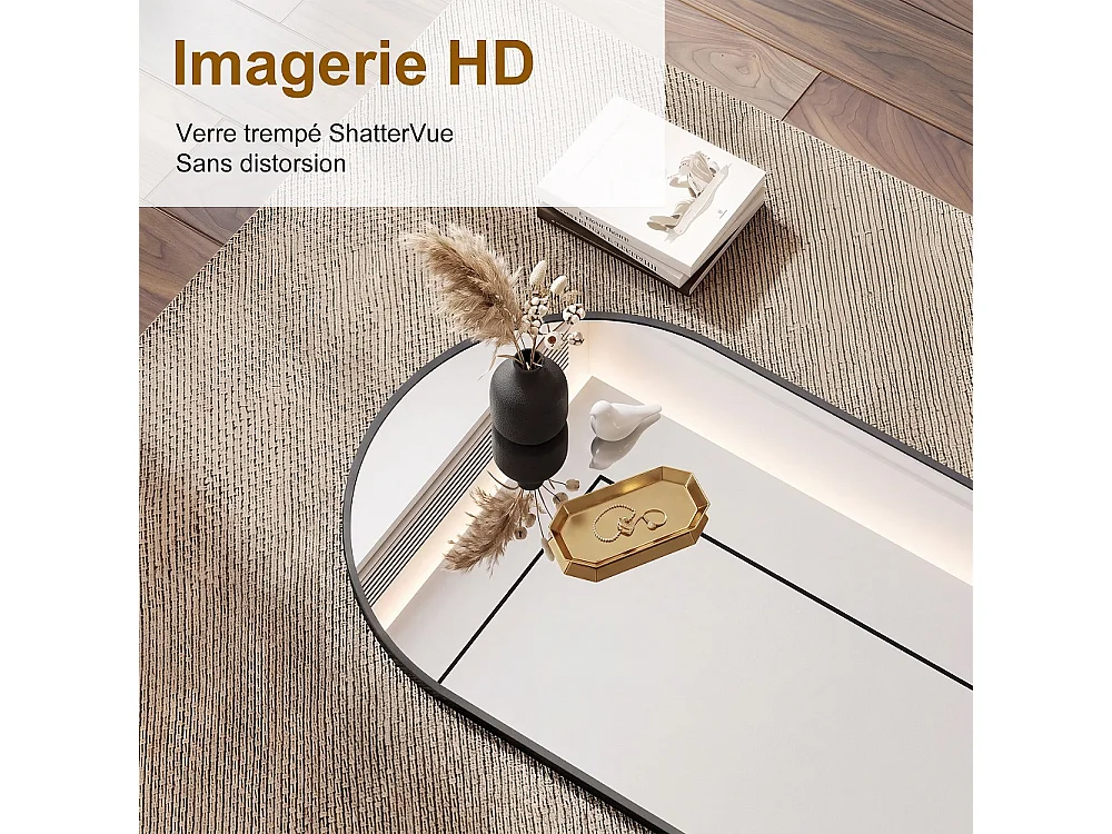 Miroir mural ovale 50 × 75 cm - Miroir de salle de bain en forme de capsule - Miroir décoratif monté sur mur en alliage d'aluminium - Noir
