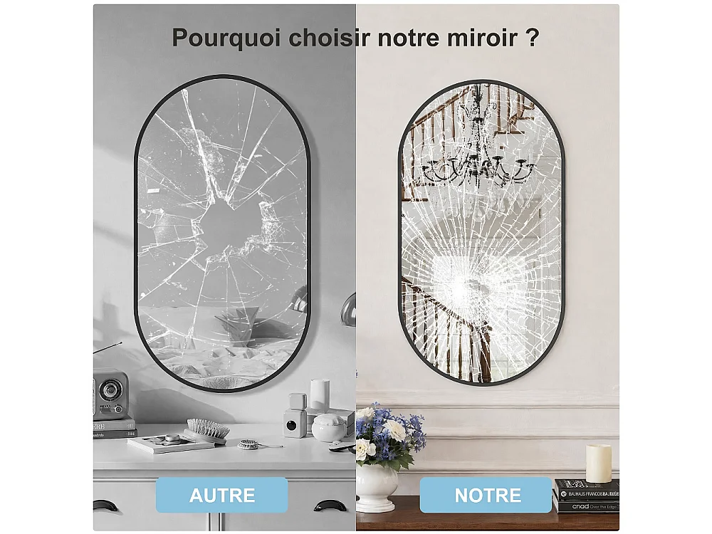 Miroir mural ovale 50 × 75 cm - Miroir de salle de bain en forme de capsule - Miroir décoratif monté sur mur en alliage d'aluminium - Noir