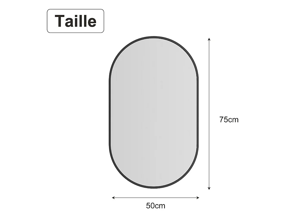 Miroir mural ovale 50 × 75 cm - Miroir de salle de bain en forme de capsule - Miroir décoratif monté sur mur en alliage d'aluminium - Noir