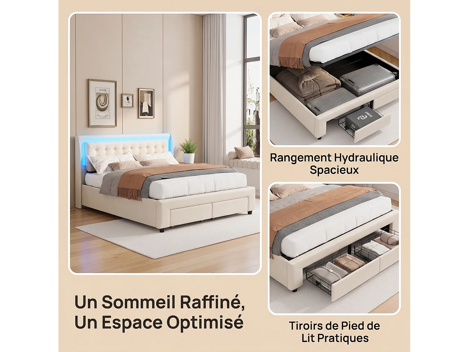 Lit Coffre à Rangement Hydraulique 180x200 cm, Avec 2 tiroirs de rangement, lit Double Rembourré, Éclairage LED télécommande, sommier à lattes, Velours， Beige
