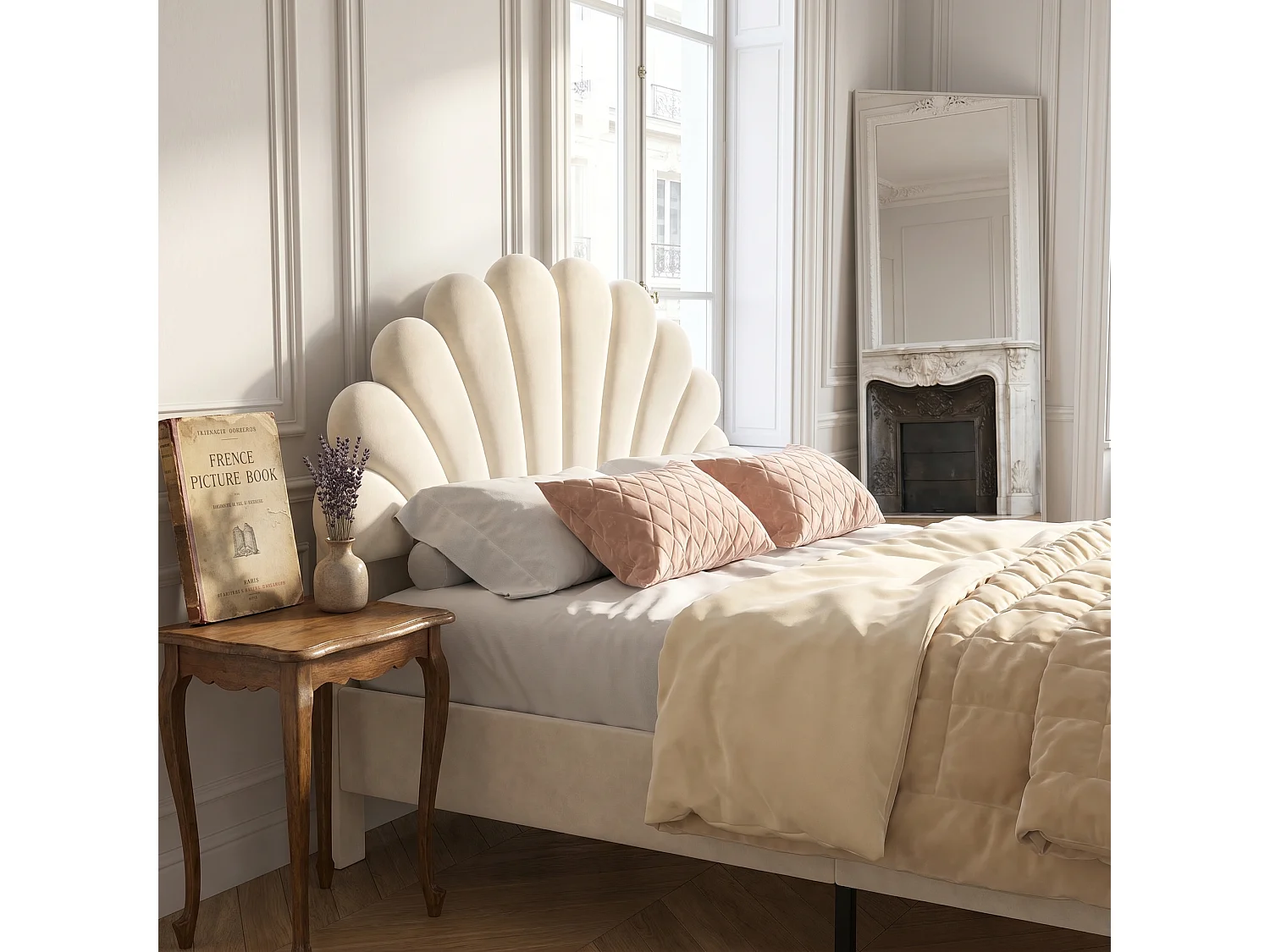 Lit Rembourré 140x200 cm, Lit Double avec Tête de Lit en Forme de Pétale, Velours, Style Moderne, Sommier à Lattes, Lit Fille pour Adultes et Adolescents,Beige