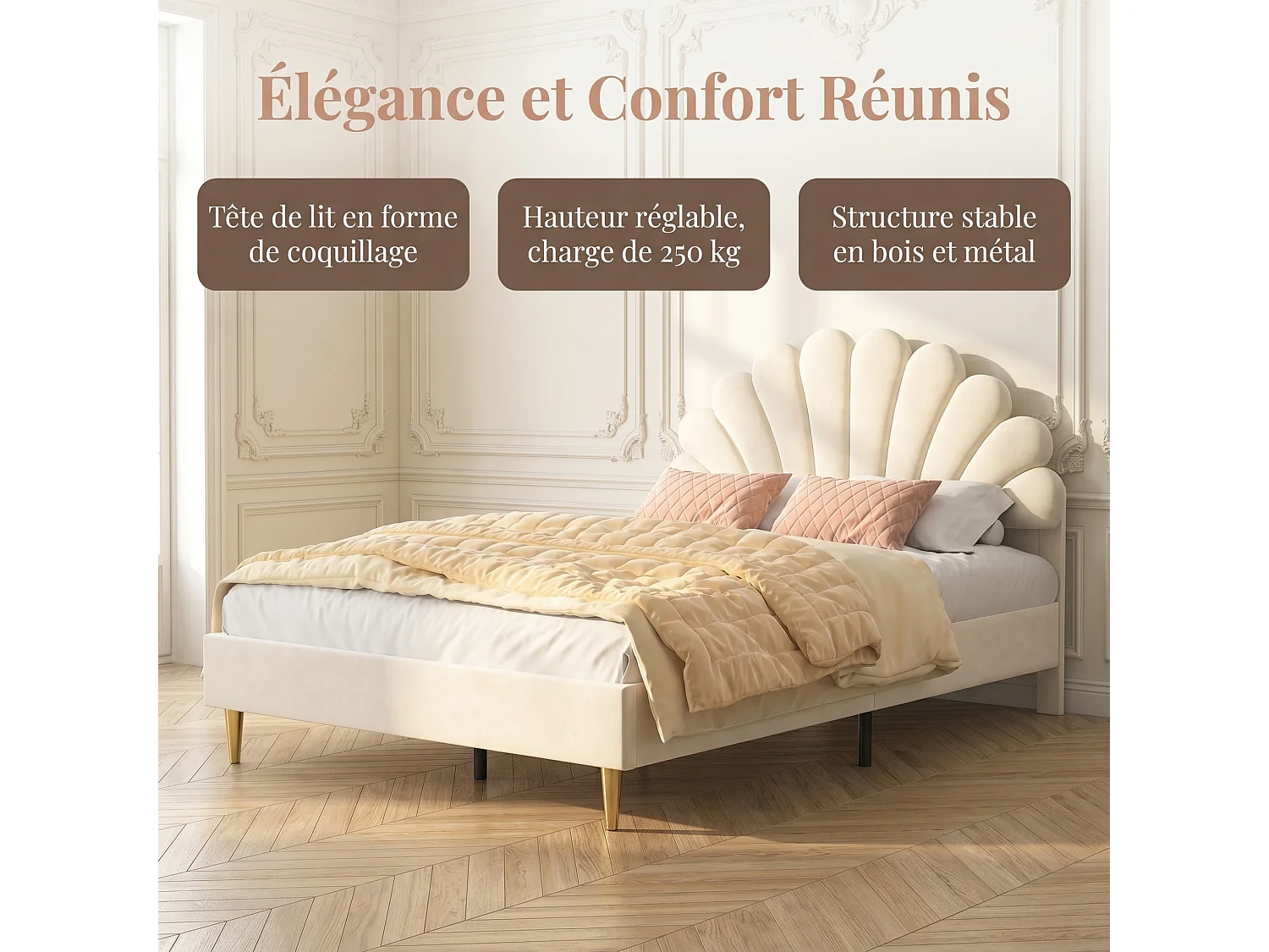 Lit Rembourré 140x200 cm, Lit Double avec Tête de Lit en Forme de Pétale, Velours, Style Moderne, Sommier à Lattes, Lit Fille pour Adultes et Adolescents,Beige