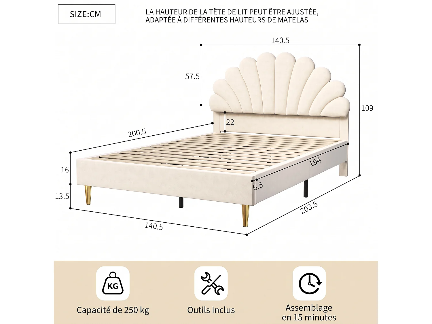 Lit Rembourré 140x200 cm, Lit Double avec Tête de Lit en Forme de Pétale, Velours, Style Moderne, Sommier à Lattes, Lit Fille pour Adultes et Adolescents,Beige