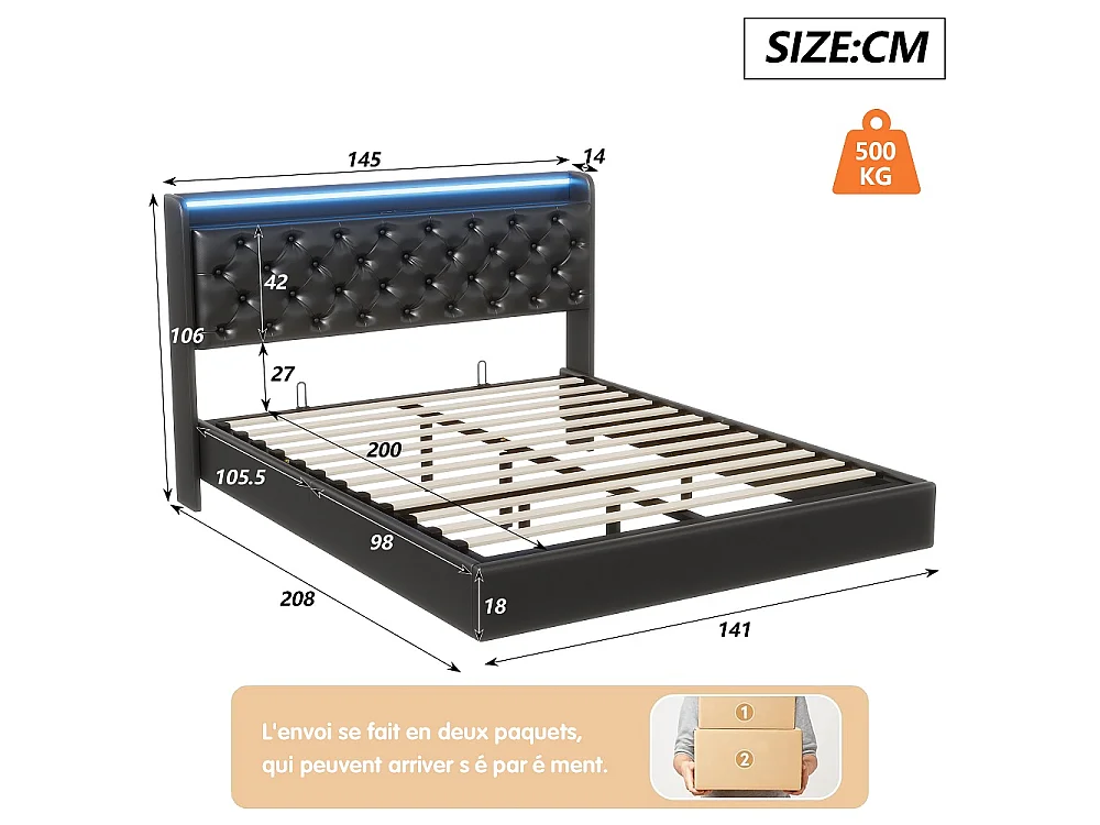 Lit flottant ascenseur 140×200 cm - Cadre de lit de stockage avec LED et USB - Lit rembourré avec tête en faux cuir tufted - noir