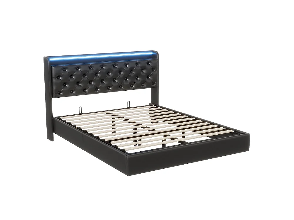 Lit flottant ascenseur 140×200 cm - Cadre de lit de stockage avec LED et USB - Lit rembourré avec tête en faux cuir tufted - noir