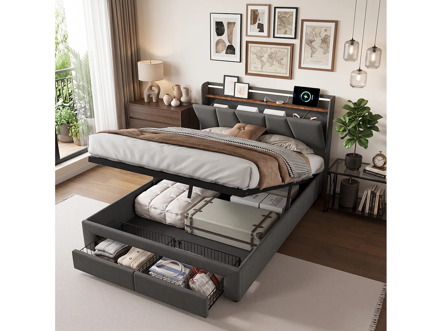 Lit Coffre Capitonné 140x190 cm, Rangement Barométrique, Lit Double avec 2 Tiroirs, Tête de Lit avec rangement, avec LED, avec port USB, Lit Adulte, Gris foncé