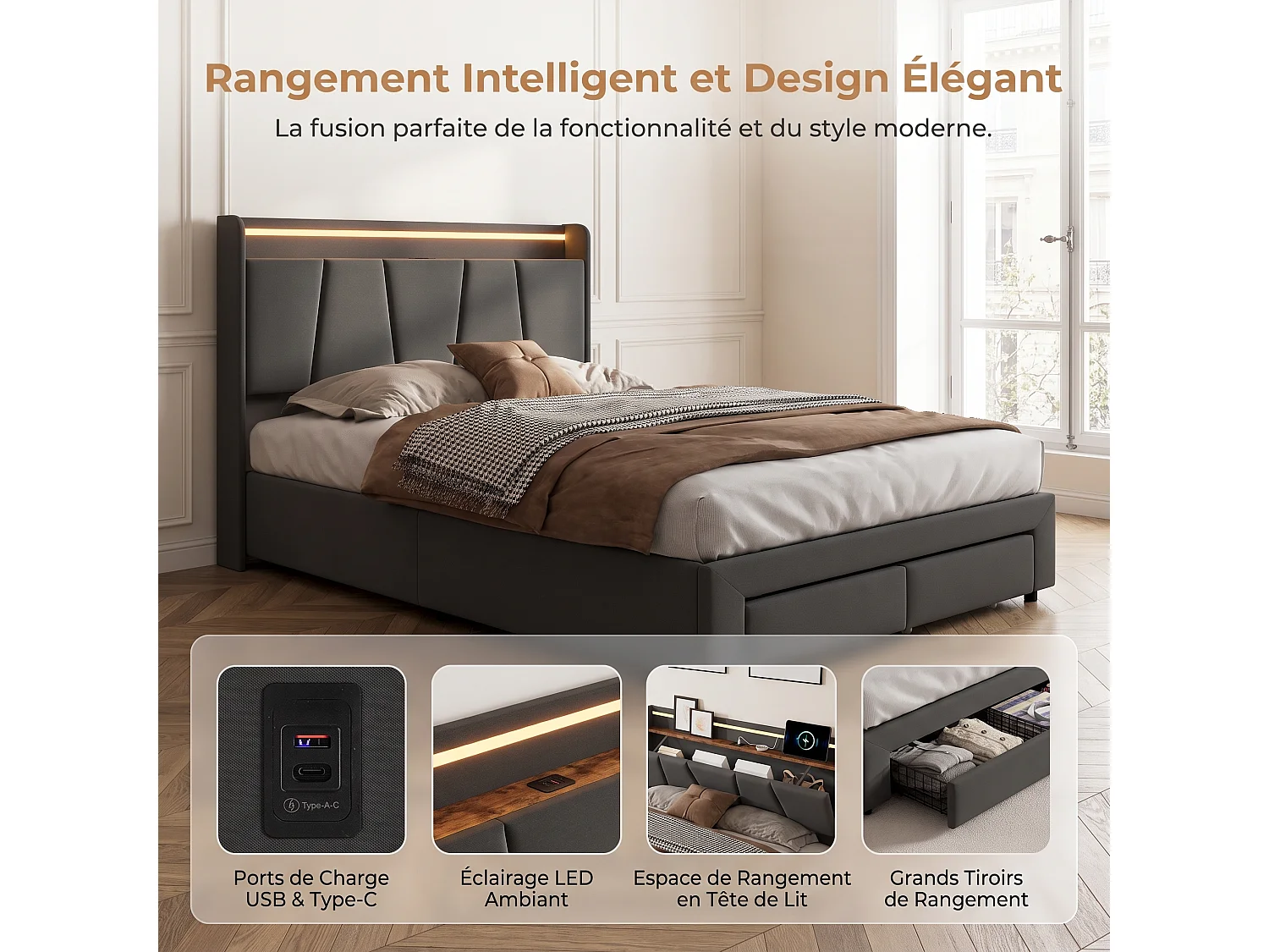 Lit Coffre Capitonné 140x190 cm, Rangement Barométrique, Lit Double avec 2 Tiroirs, Tête de Lit avec rangement, avec LED, avec port USB, Lit Adulte, Gris foncé