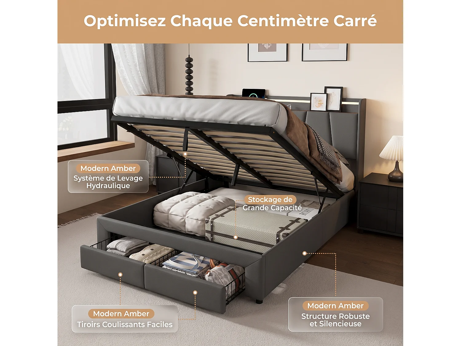 Lit Coffre Capitonné 140x190 cm, Rangement Barométrique, Lit Double avec 2 Tiroirs, Tête de Lit avec rangement, avec LED, avec port USB, Lit Adulte, Gris foncé