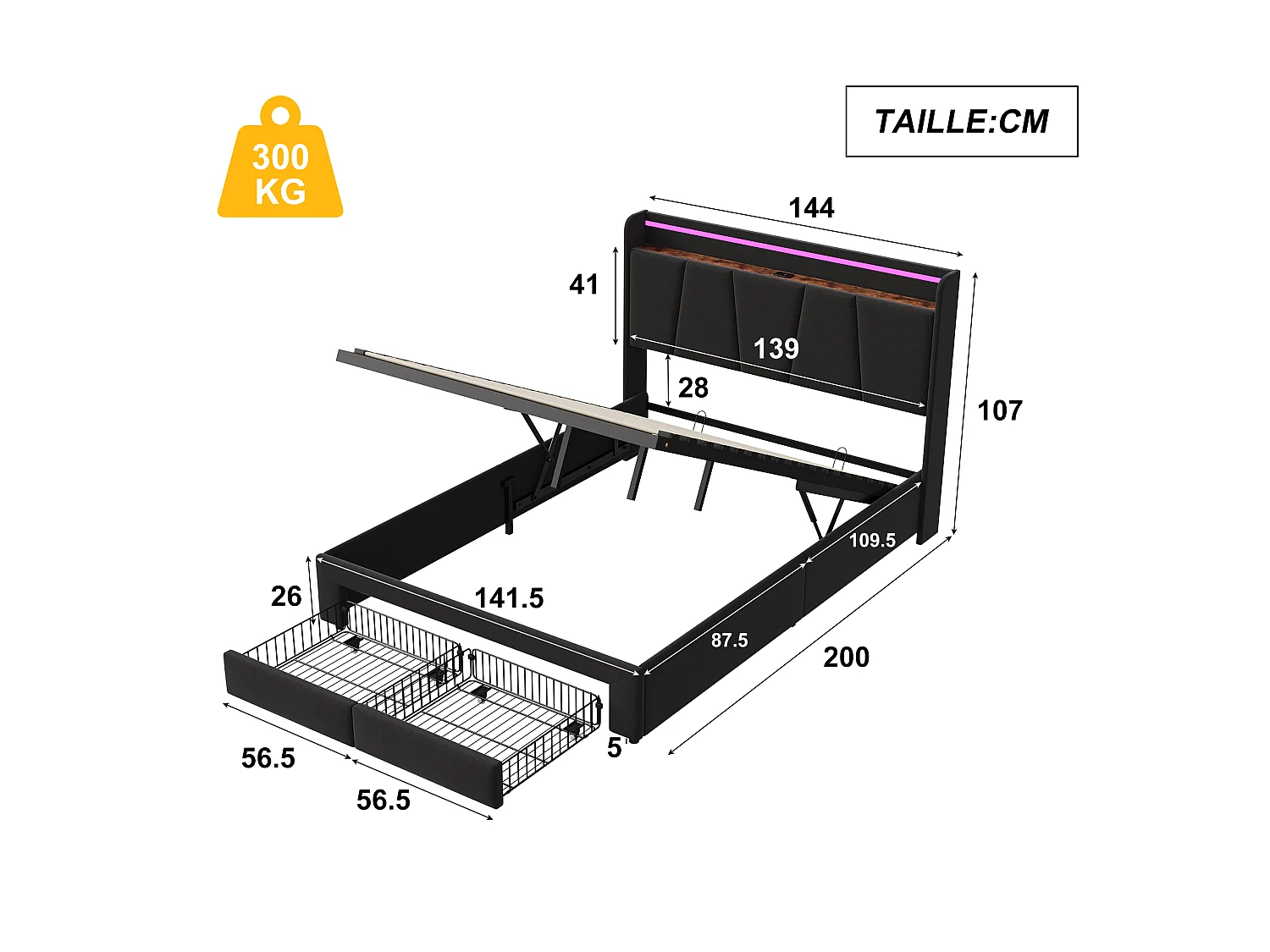 Lit Coffre Capitonné 140x190 cm, Rangement Barométrique, Lit Double avec 2 Tiroirs, Tête de Lit avec rangement, avec LED, avec port USB, Lit Adulte, Gris foncé