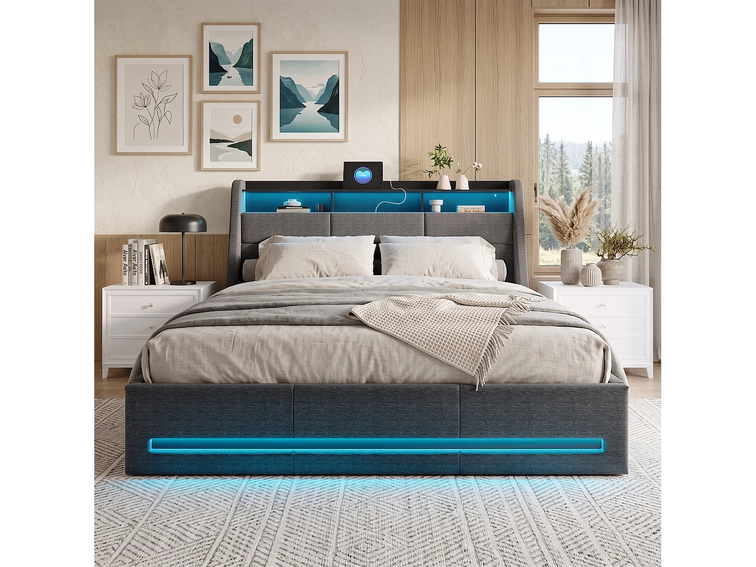 Lit Double Capitonné 140x190cm, Rangement Hydraulique, Tête de Lit avec étagères de Rangement, avec LED, Port USB, Lit pour Adolescents, Sommier à Lattes, Lin, Gris