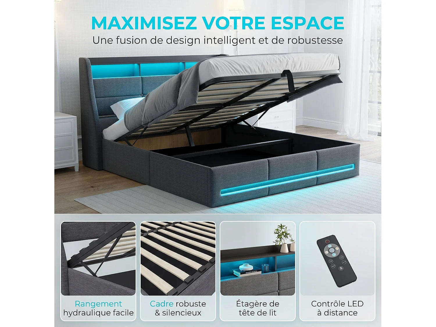 Lit Double Capitonné 140x190cm, Rangement Hydraulique, Tête de Lit avec étagères de Rangement, avec LED, Port USB, Lit pour Adolescents, Sommier à Lattes, Lin, Gris