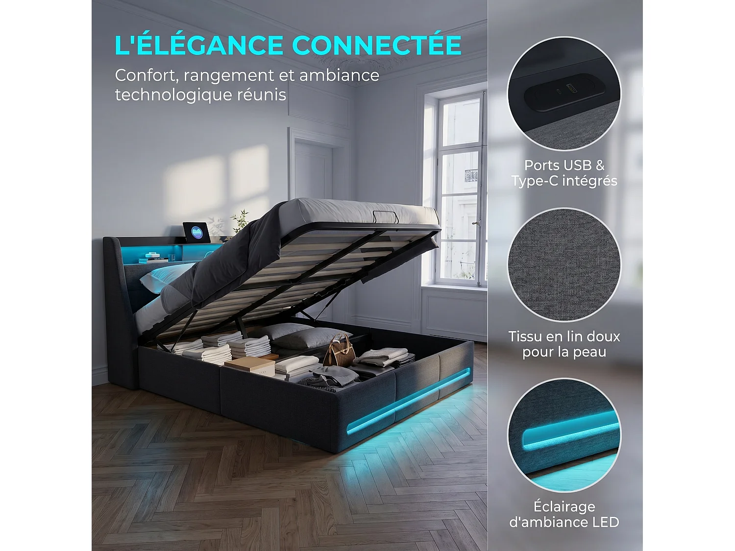 Lit Double Capitonné 140x190cm, Rangement Hydraulique, Tête de Lit avec étagères de Rangement, avec LED, Port USB, Lit pour Adolescents, Sommier à Lattes, Lin, Gris