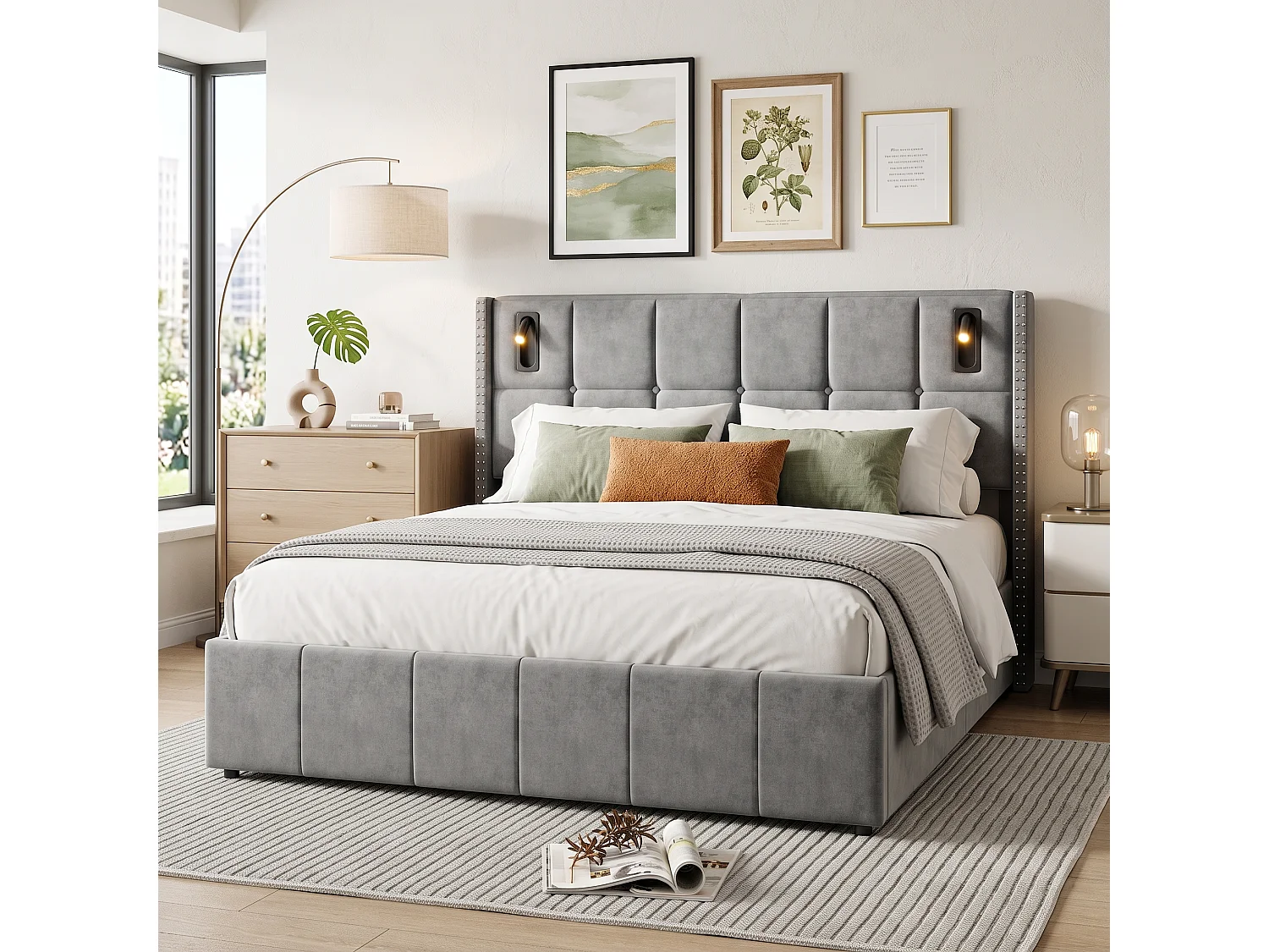 Lit Coffre Adultes 160x200 cm, Rangement Barométrique, Tête de Lit avec Lampe de Lecture, Tête de Lit Rembourrée avec Clous en Acier, Lit Double, Velours, Gris