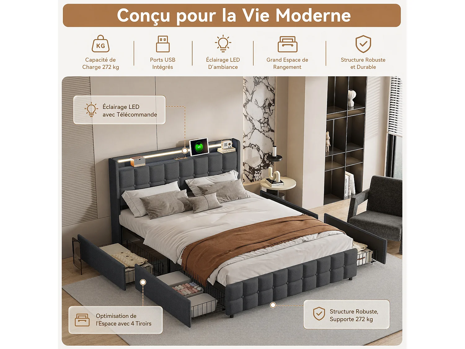 Lit Double Capitonné 160x200 cm, 4 Tiroirs de Rangement à Roulettes, Double Ports USB, Éclairage LED, Sommier à Lattes, Lit Adulte, Tissu Lin, Gris