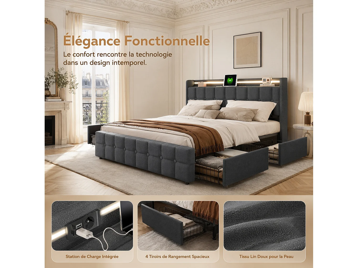 Lit Double Capitonné 160x200 cm, 4 Tiroirs de Rangement à Roulettes, Double Ports USB, Éclairage LED, Sommier à Lattes, Lit Adulte, Tissu Lin, Gris