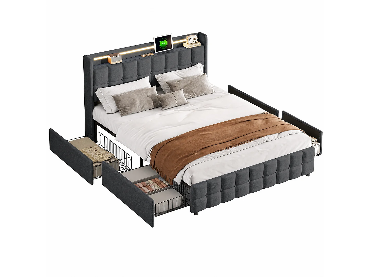 Lit Double Capitonné 160x200 cm, 4 Tiroirs de Rangement à Roulettes, Double Ports USB, Éclairage LED, Sommier à Lattes, Lit Adulte, Tissu Lin, Gris