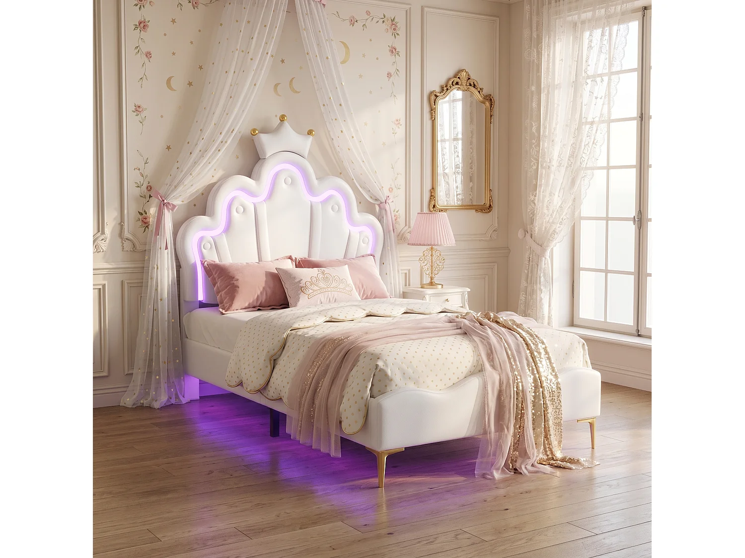 Lit Simple Rembourré 90x200 cm, Lit Enfant avec LED, Tête de Lit Réglable en Forme de Nuage, Lit Crown Princess pour Fille,Sommier à lattes, PU, Nordique, Blanc