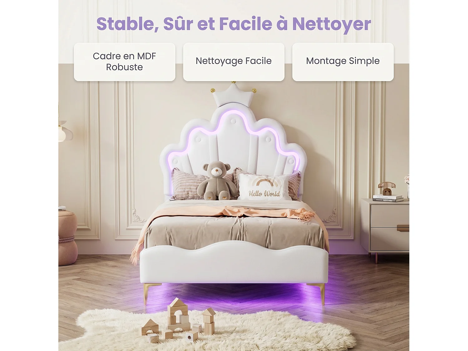 Lit Simple Rembourré 90x200 cm, Lit Enfant avec LED, Tête de Lit Réglable en Forme de Nuage, Lit Crown Princess pour Fille,Sommier à lattes, PU, Nordique, Blanc