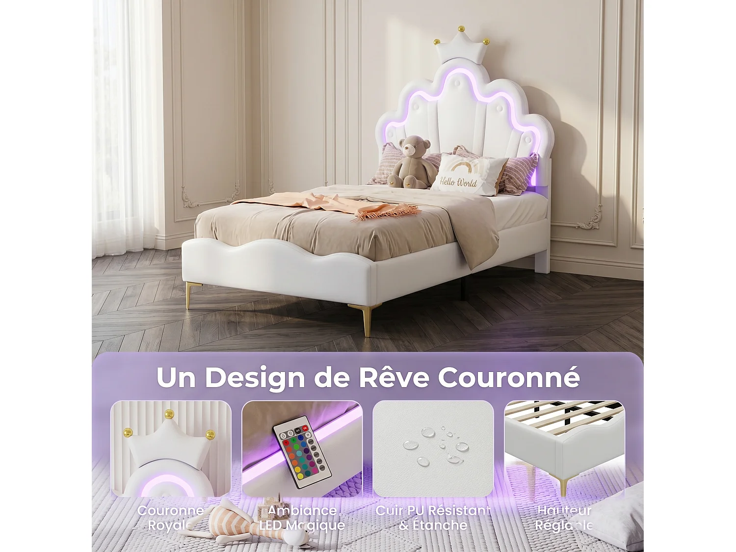 Lit Simple Rembourré 90x200 cm, Lit Enfant avec LED, Tête de Lit Réglable en Forme de Nuage, Lit Crown Princess pour Fille,Sommier à lattes, PU, Nordique, Blanc