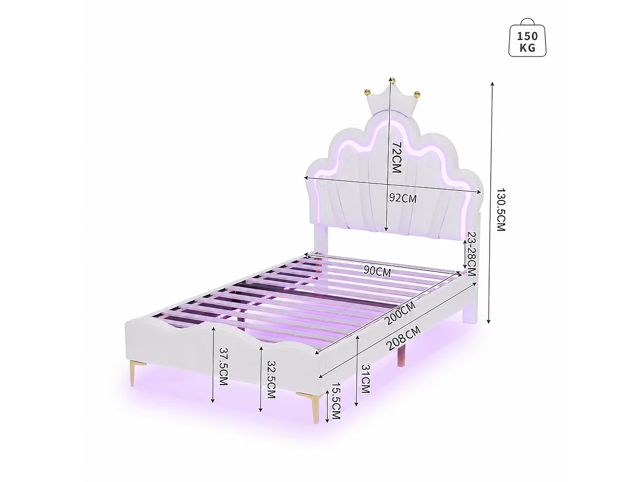Lit Simple Rembourré 90x200 cm, Lit Enfant avec LED, Tête de Lit Réglable en Forme de Nuage, Lit Crown Princess pour Fille,Sommier à lattes, PU, Nordique, Blanc