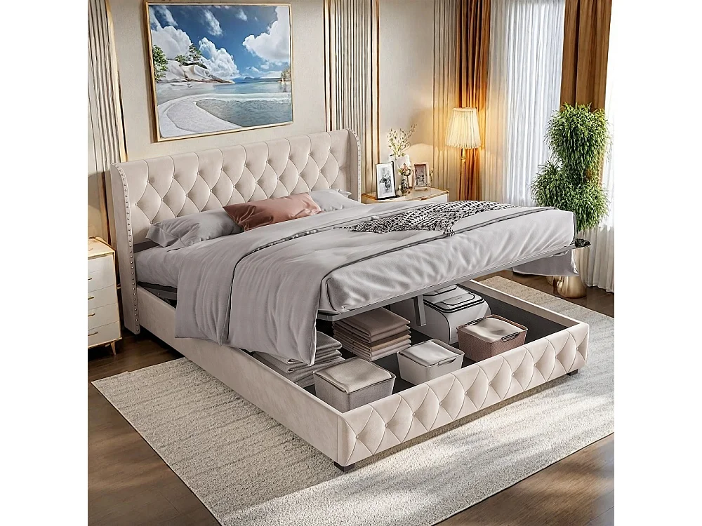 Lit rembourré 140 x 190 cm - Lit de rangement hydraulique avec tête d'aile à clous - Lit double avec cadre à lames - Matras non inclus - Velvet - Beige