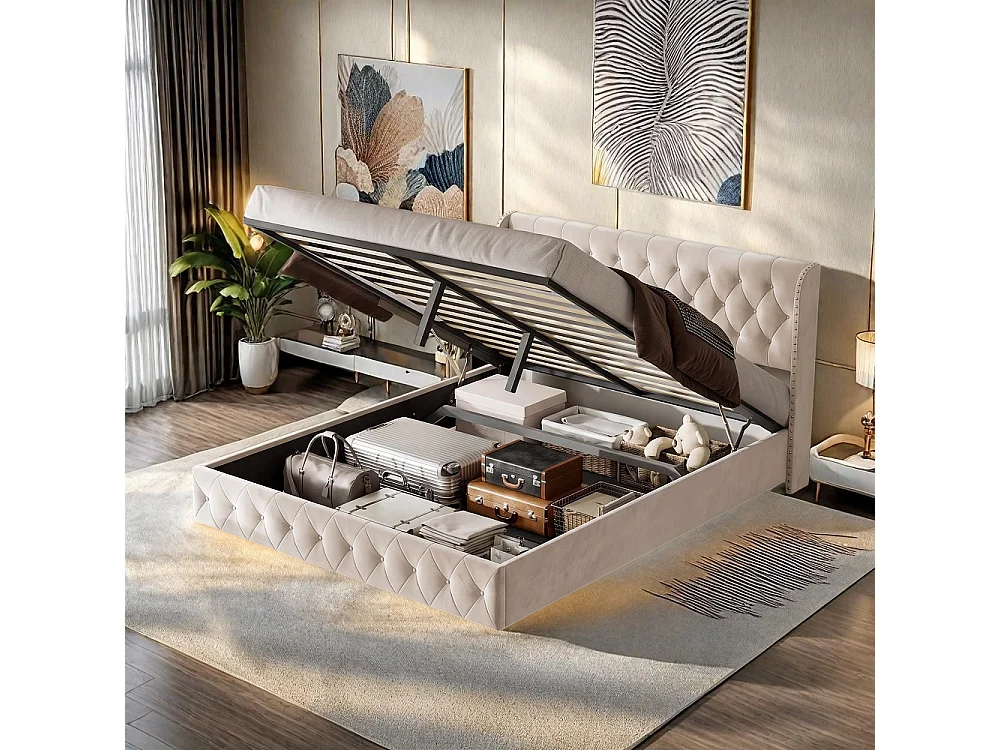 Lit rembourré 140 x 190 cm - Lit de rangement hydraulique avec tête d'aile à clous - Lit double avec cadre à lames - Matras non inclus - Velvet - Beige