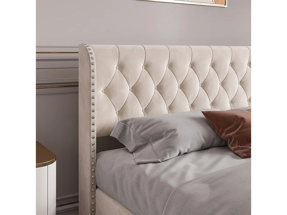 Lit rembourré 140 x 190 cm - Lit de rangement hydraulique avec tête d'aile à clous - Lit double avec cadre à lames - Matras non inclus - Velvet - Beige
