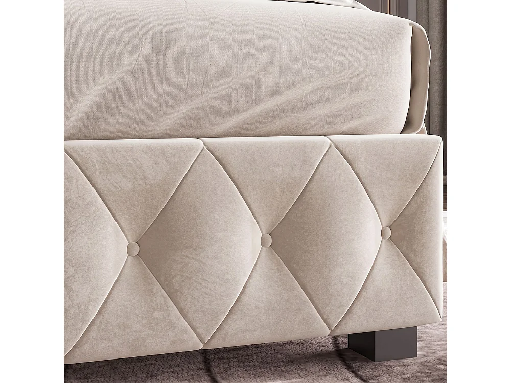 Lit rembourré 140 x 190 cm - Lit de rangement hydraulique avec tête d'aile à clous - Lit double avec cadre à lames - Matras non inclus - Velvet - Beige