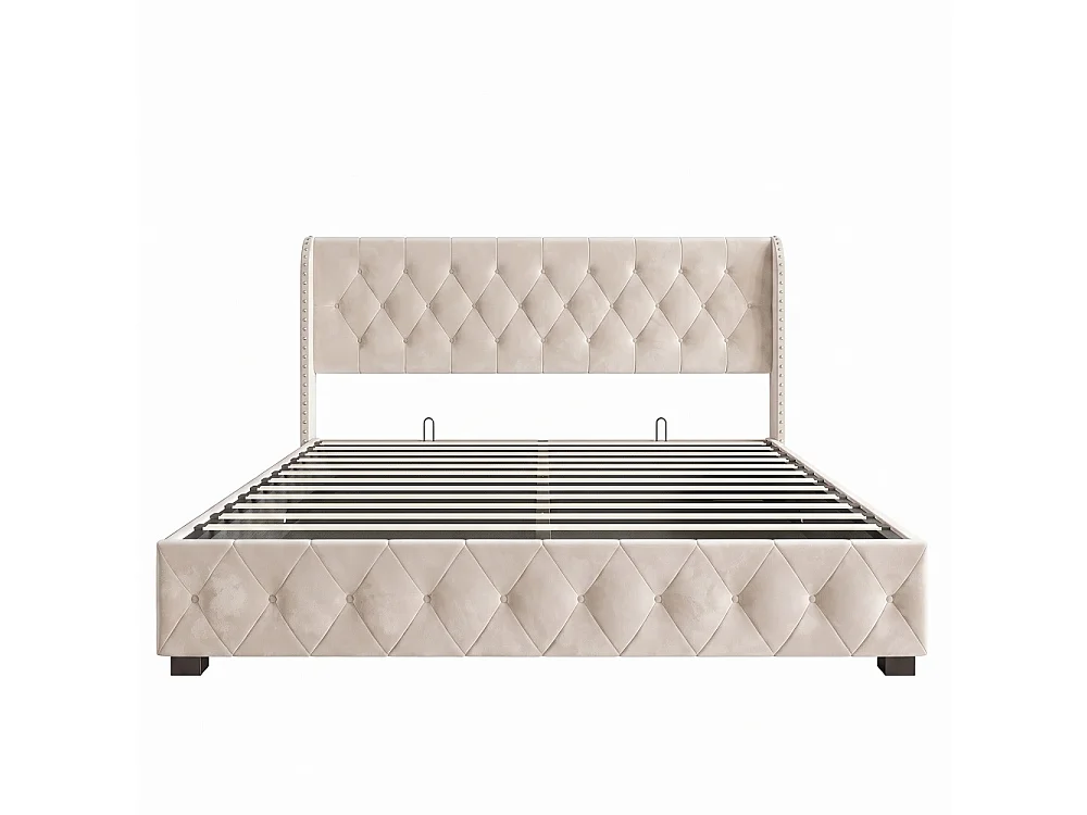 Lit rembourré 140 x 190 cm - Lit de rangement hydraulique avec tête d'aile à clous - Lit double avec cadre à lames - Matras non inclus - Velvet - Beige