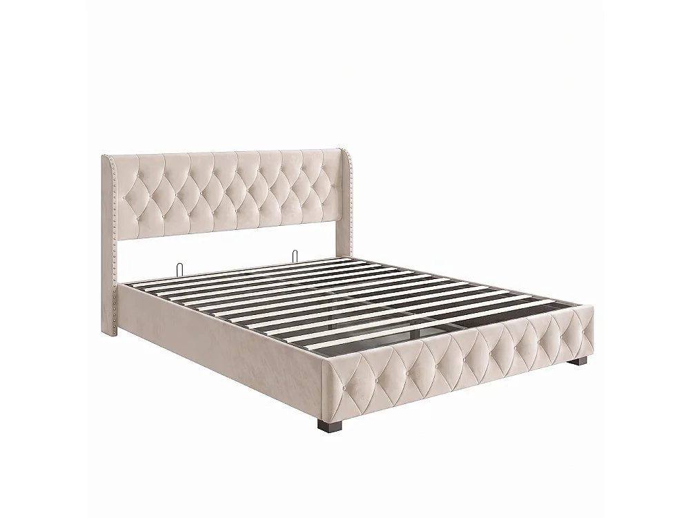 Lit rembourré 140 x 190 cm - Lit de rangement hydraulique avec tête d'aile à clous - Lit double avec cadre à lames - Matras non inclus - Velvet - Beige
