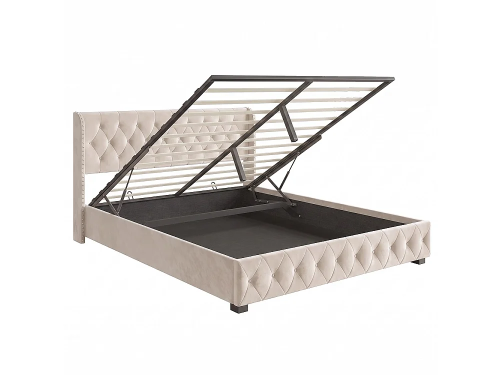 Lit rembourré 140 x 190 cm - Lit de rangement hydraulique avec tête d'aile à clous - Lit double avec cadre à lames - Matras non inclus - Velvet - Beige