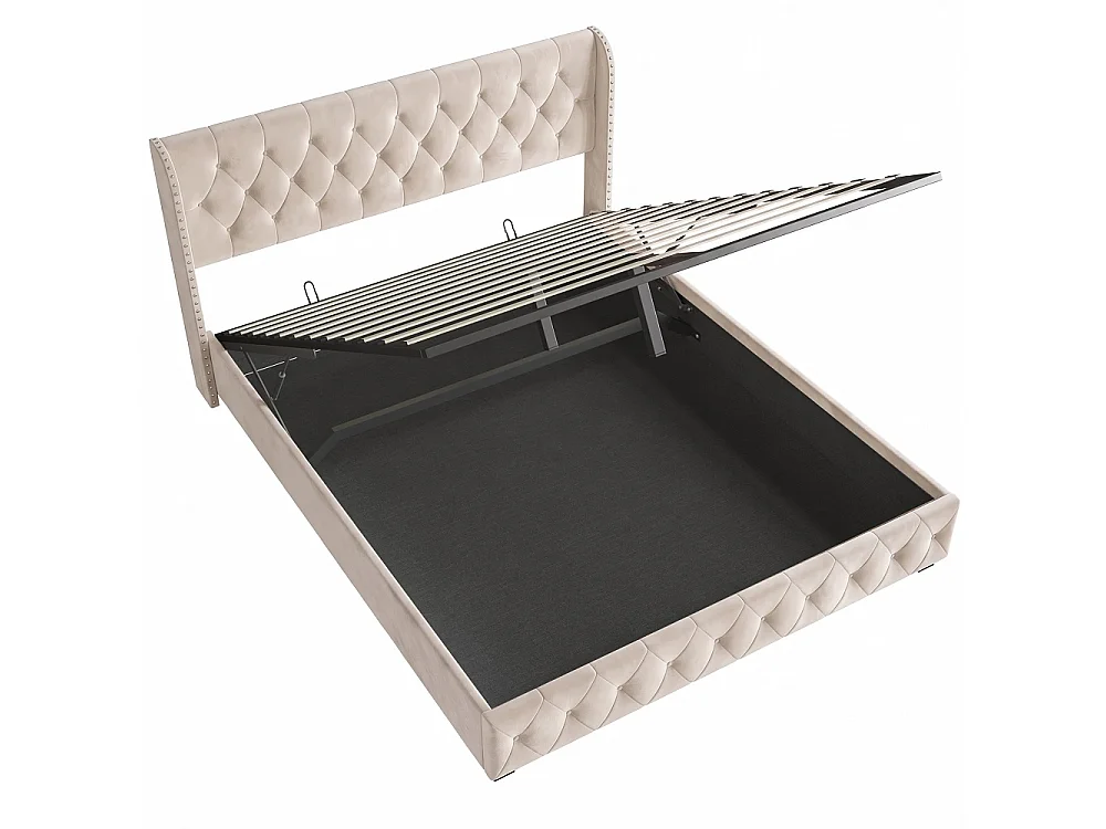 Lit rembourré 140 x 190 cm - Lit de rangement hydraulique avec tête d'aile à clous - Lit double avec cadre à lames - Matras non inclus - Velvet - Beige