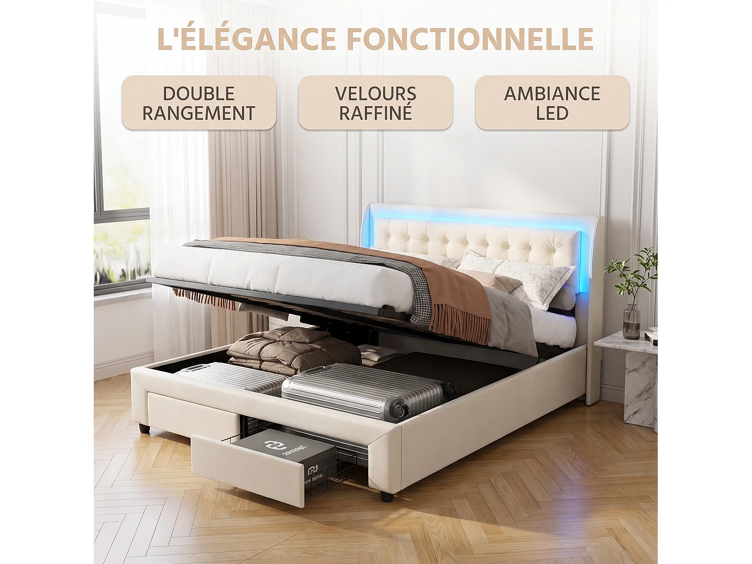 Lit Double Rembourré 140x190 cm, Lit Coffre avec Vérin Pneumatique, 2 Tiroirs de Rangement, avec LED, Lit Adulte au Moderne et Tendance, Velours, Beige